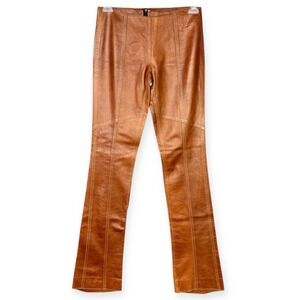 Strenesse Gabriele Strehle 100% Leather Women's Pants Cognac Brown Low Rise 6-8